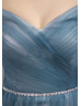 Off Shoulder Gray Blue Tulle Pleated Long Evening Dress